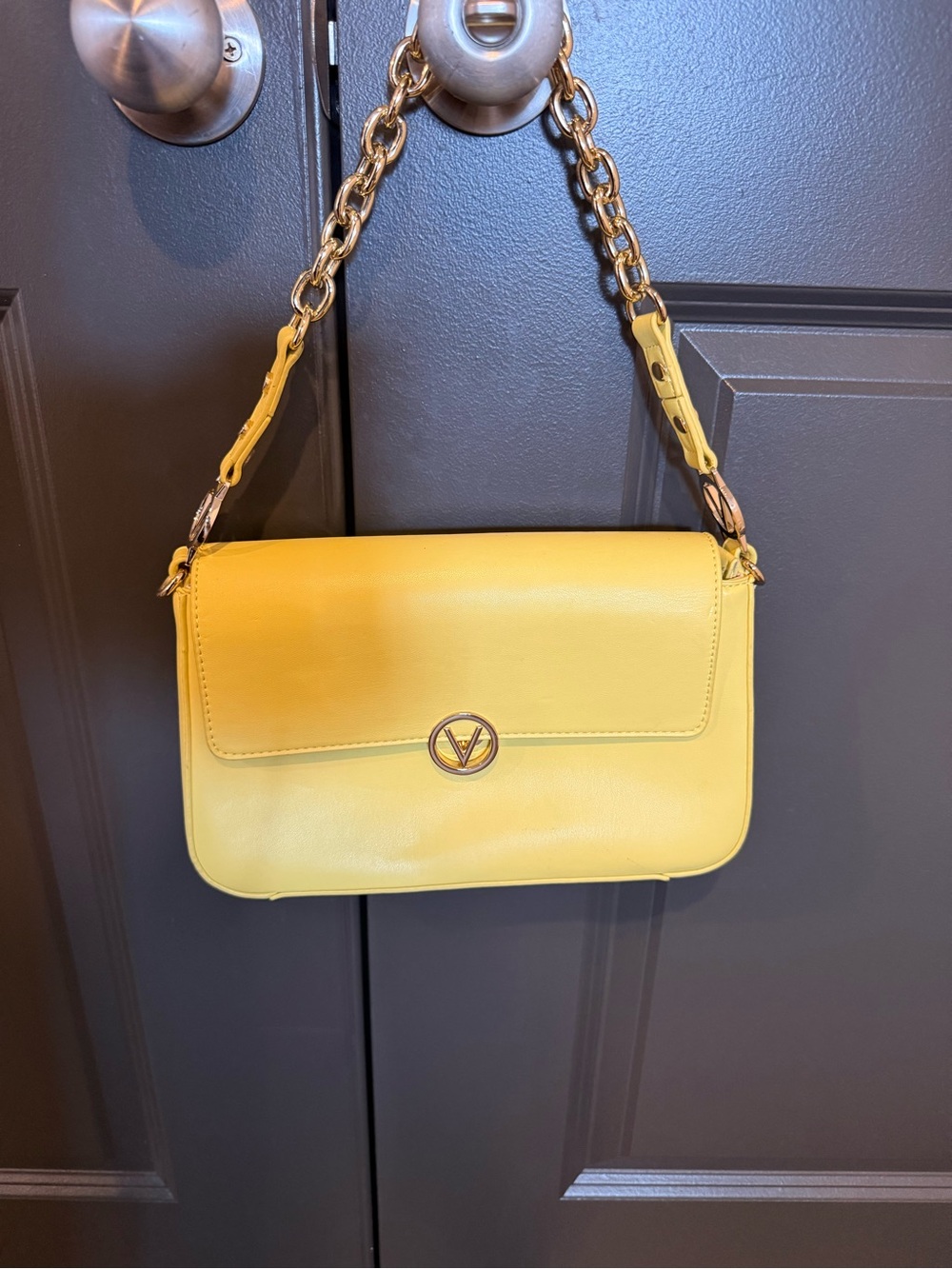 Mario Valentino SPA Yellow Leather Shoulder Bag with Gold Chain Accent